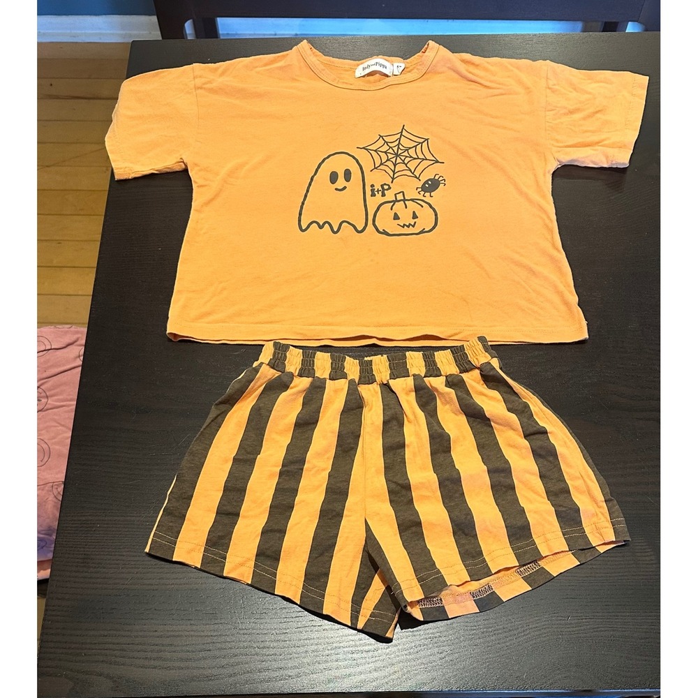 Indy + Pippa Kids Halloween Pajama Set Orange Ghost Pumpkin Striped Shorts 6-7Y